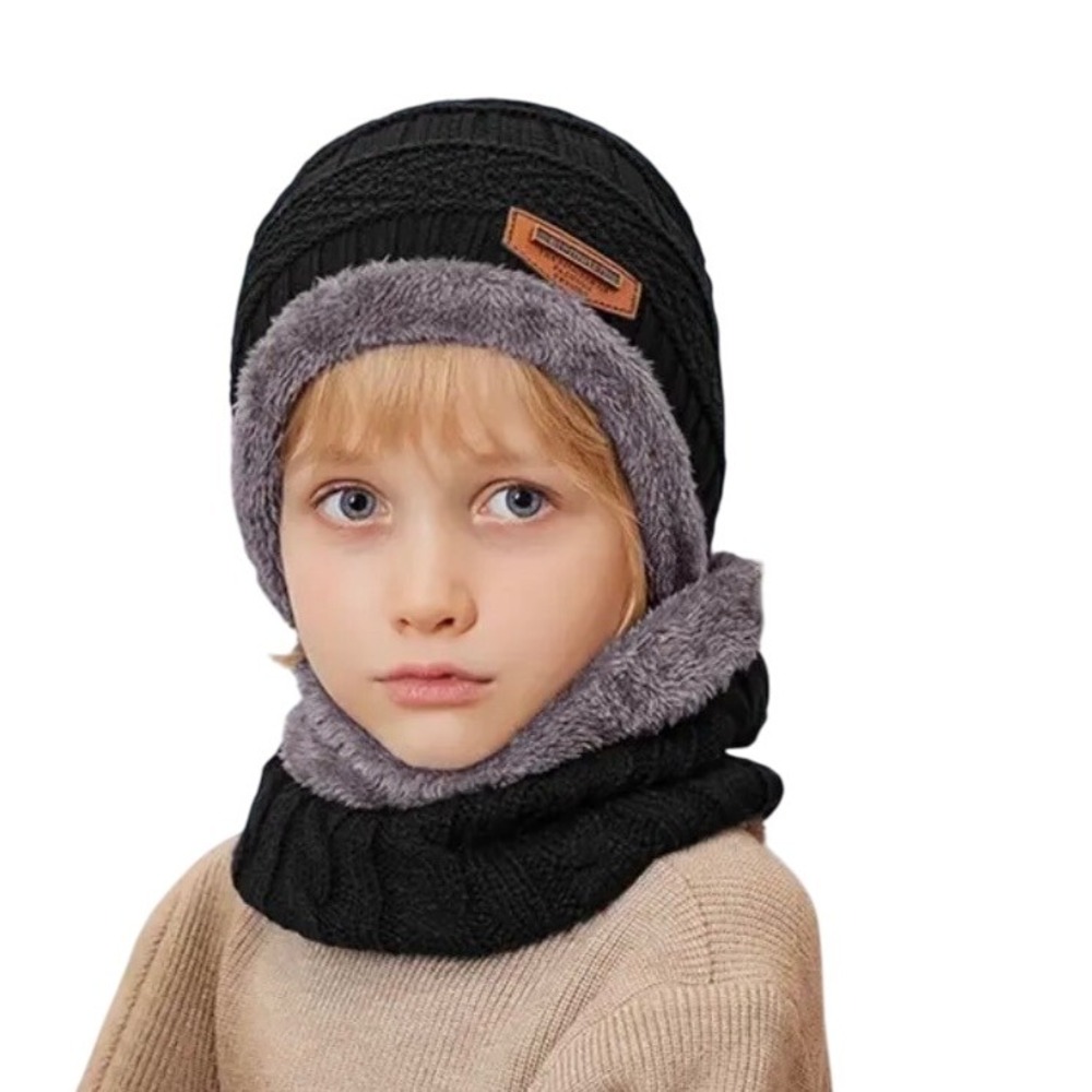 Unisex Childs Black‎ Neck Warmer + Beanie Hat Cap Lined Knit Fleece Outdoor Ski
